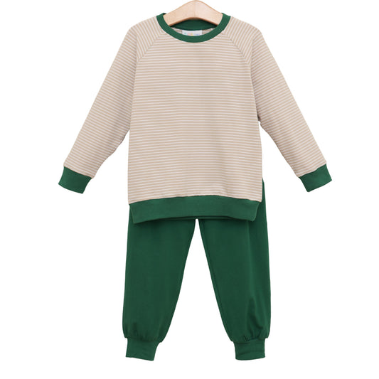 Connor Jogger Set- Tan Stripe/Hunter Green